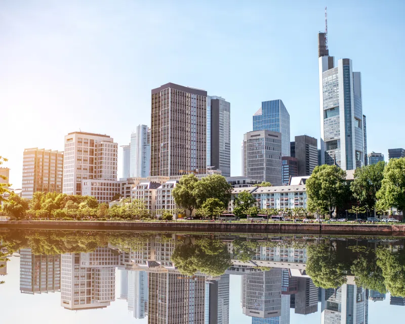 The Frankfurt skyline, representing the prestigious location for Greenfields' domiciliation and secretarial services.