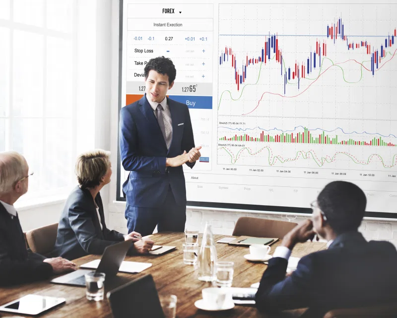 An expert presenting financial data, representing Greenfields' corporate services for Financial Institutions.