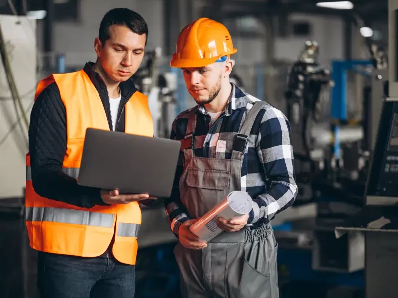Two professionals on-site reviewing a project, representing Greenfields' corporate services for the Real Assets sector.