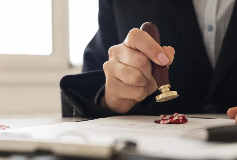 Hand stamping a contract, representing the official reservation of a German shelf company with Greenfields.