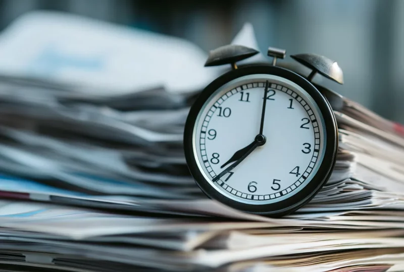 Uhr auf Geschäftsunterlagen, symbolisch für den schnellen Ablauf und transparenten Vorratsgesellschaft Preis bei Greenfields.