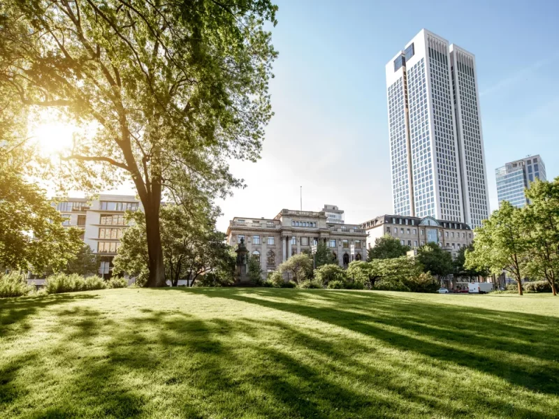 Modern Frankfurt financial district skyscraper representing private equity and venture capital services in Germany.