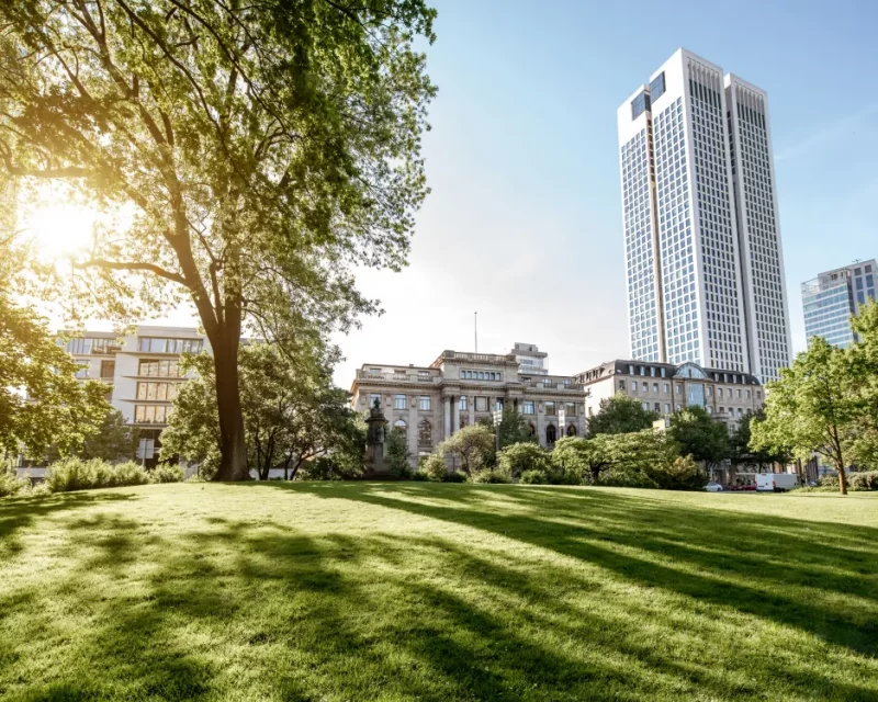 Modern Frankfurt financial district skyscraper representing private equity and venture capital services in Germany.