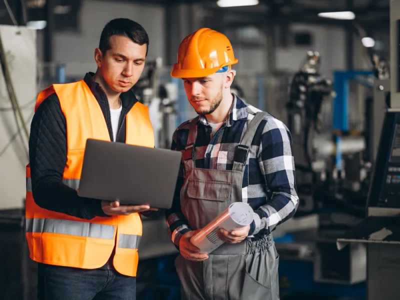 Two professionals on-site reviewing a project, representing Greenfields' corporate services for real assets sector.